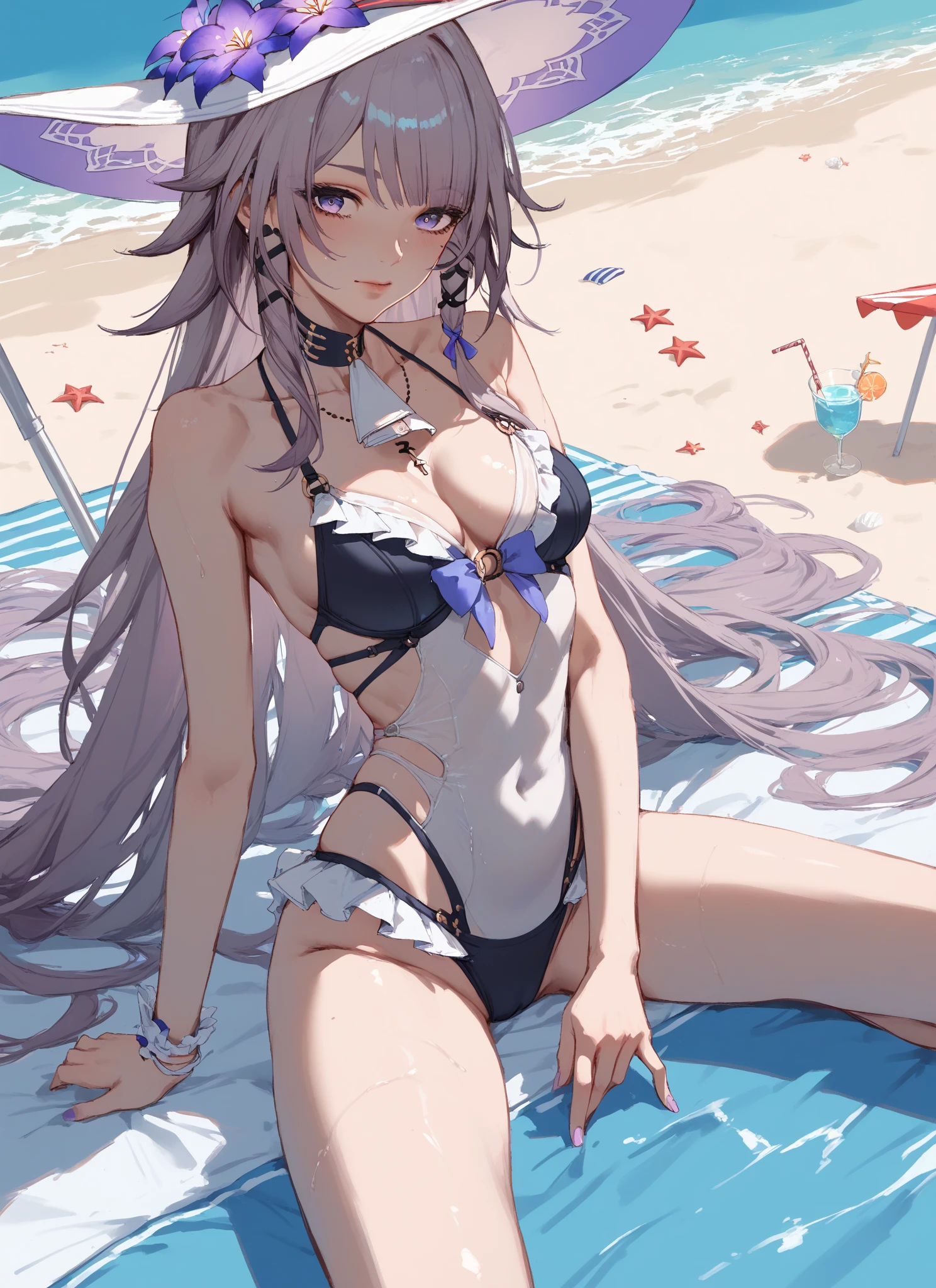 Beautiful girl, Anime Style, Detailed face, Gray Hair, Purple eyes, Wear a stylish swimsuit, Very detailed and vibrant, Relaxed background, Summer atmosphere, Beach or poolside, high quality, Very detailed, 8K resolution, Cinema Lighting, 最high quality, Vibrant colors, Instagrammable, beautiful, trend