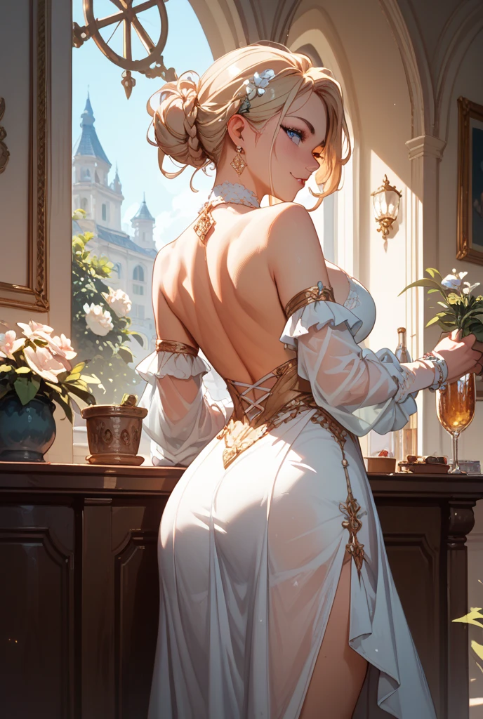 moody lighting, peaceful, calm, glow,masterpiece, best quality,masterpiece, best quality, elf princess, blonde ponytail, oil painting portrait, simple background,long skirt