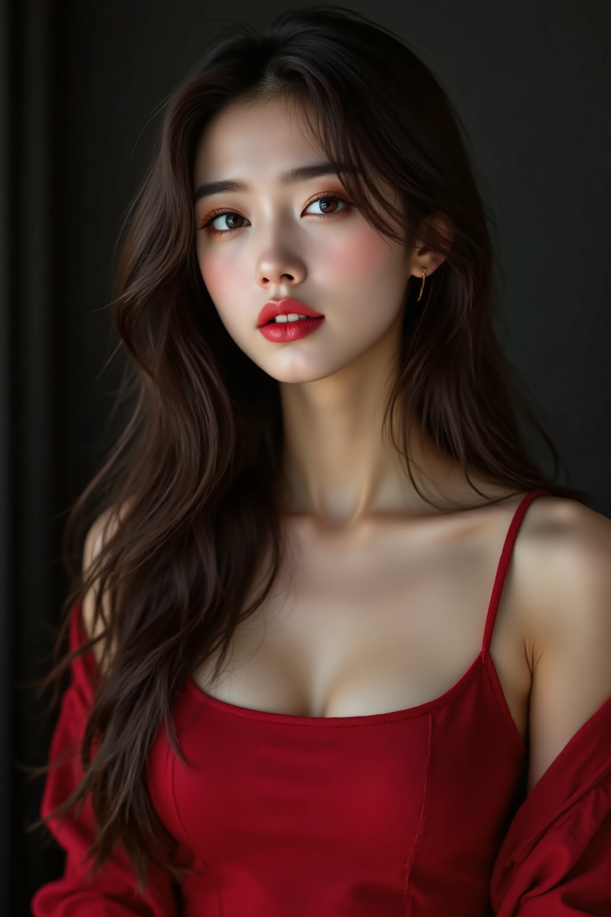 semi-nudphotorealistic, masterpiece, best quality, raw photo, 1girl, white skin complexionEuropean-Asian blood mix, wearing red loose crop top, medium size breast, nipple expose, long straight hair, bright black eyes, detailed eyes and face, portrait, dynamic lighting, in the dark, deep shadow, low key