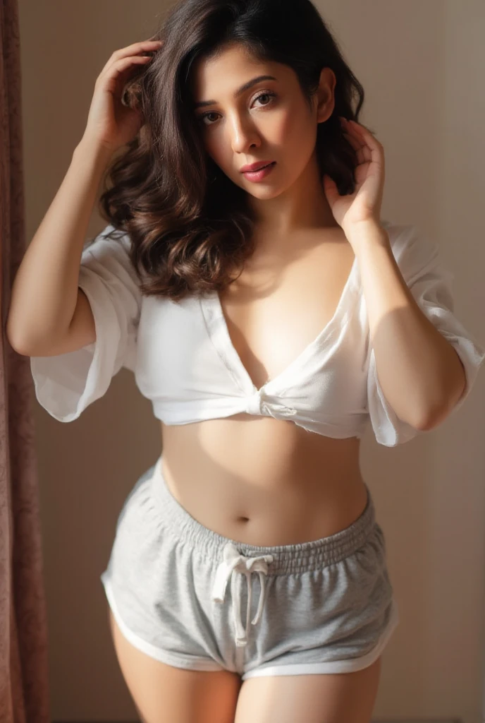Make her more hot and sexy with more deep cleavage realistic face ultra 8k