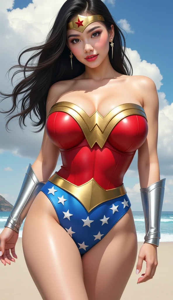[Best quality, dynamic lighting, highly detailed] Wonder woman, beautiful, mature, gorgeous, cleavage, toned body, sexy, sitting down, bench, spread legs, cameltoe, raised arms, smooth armpit, biting lips, seductive look, blushing, beach background.