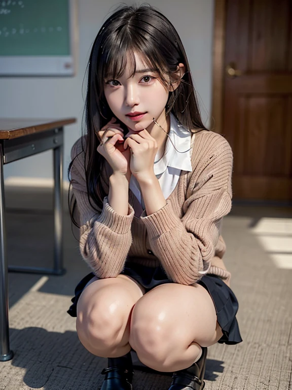 Seductive girl, touching her clothes, school girl, medium grey hair, seductive smile, crossing her leg