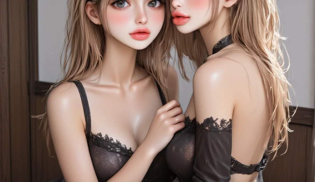 there are two women in lingersuits posing for a picture, posing together in bra, sexy look at the camera, webcam footage, angelawhite, two models in the frame, bikini model, sultry and beckoning, one blonde and one brunette, sydney sweeney, highly realistic. live cam, modeling for dulce and gabanna, sexy body and face
