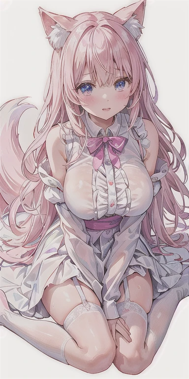 Ultra High Quality, Working in a 4K Coffee Shop, 1 Girl, Age: 22 years old, Hairstyle: Wavy Medium Hair, Hair Color: Pink, Eye Color: Peach, Face: Soft Roundness, Big Eyes, Maternal Expression, Height: 160cm, ((Body Type: Fluffy Figure)), Breast Size: Large, (Clothing: Neat maid outfit with plenty of pink and white ruffles)
