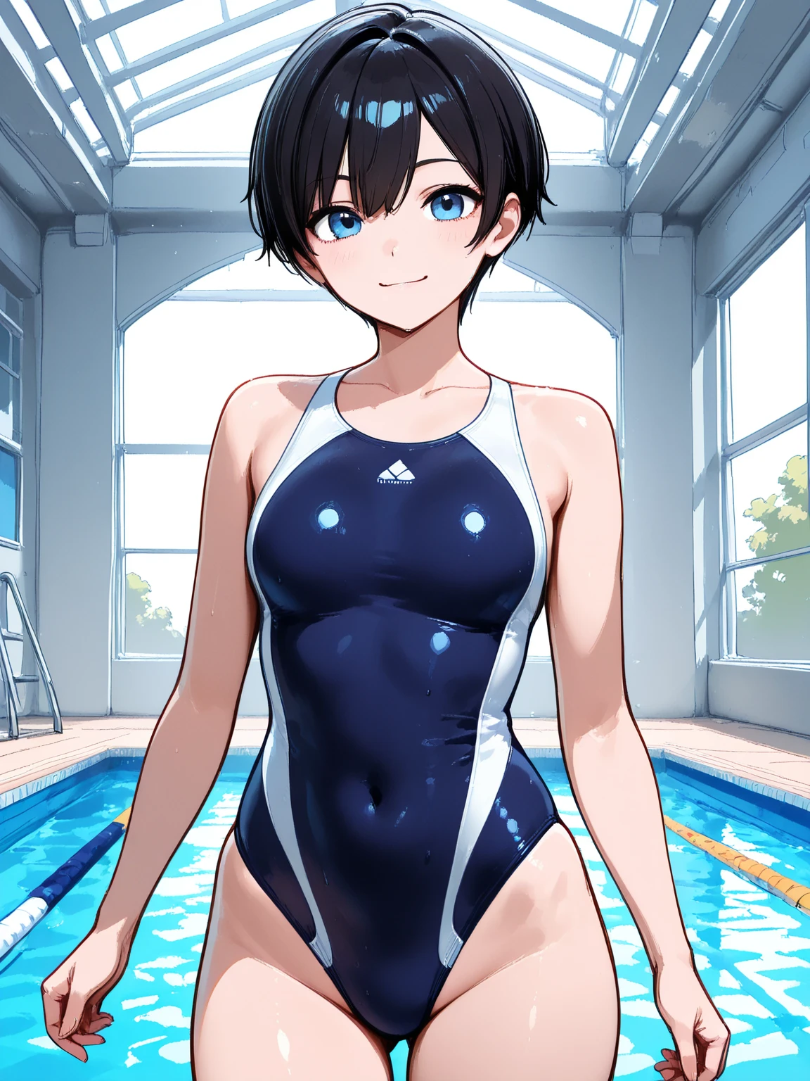 masterpiece, best quality, solo focus, 1girl, (swim cap, goggles on head:1.2), shiny, (competition swimsuit, aqua one-piece swimsuit:1.2), small breasts, highleg, standing, wet, looking away, pool