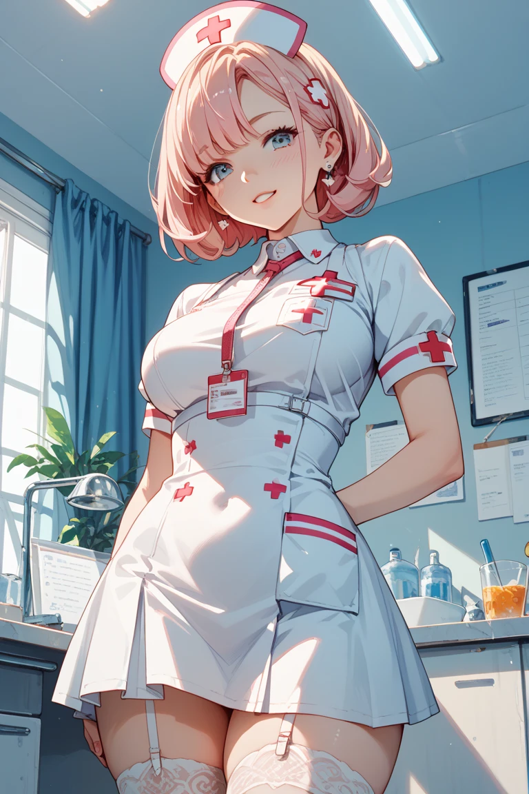 A female wearing A White Nurse Uniform,White Pantyhose,Shiny skin,(Pink short hair,curly hair,streaked hair, blunt bangs),White Nurse Headdress,Light smile,Slim body,In Prison Infirmary,Standing,Open pose,UHD, SOLO, anatomically correct, masterpiece, textured skin, high details, highres, 1080P, 16k, accurate,Cowboy Shot