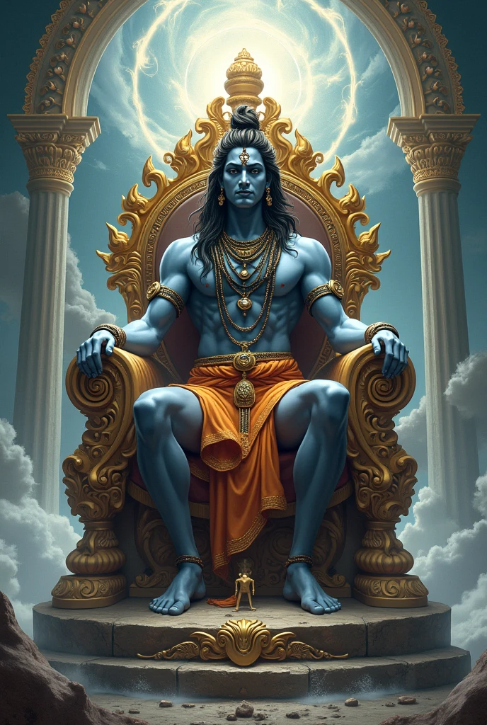 Create a image lord Sri Krishna sitting in his own throne and background is full of fire and dust particles are flying over air