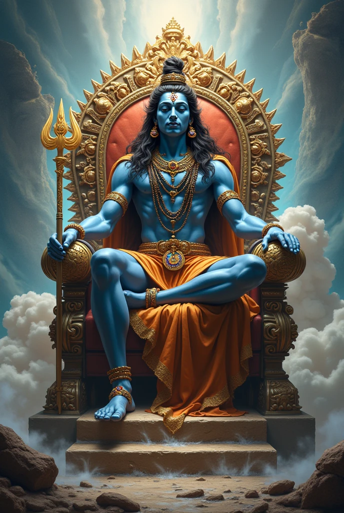 “Shani Dev, the son of Surya Dev and Chhaya, is sitting on a grand throne. He has a stern and powerful expression on his face. His eyes are glowing with intense energy, surrounded by a dark black and black aura, representing his mighty gaze. His hand holds a trident, and around him, there is a swirling storm-like energy, symbolizing the immense power of his gaze.”