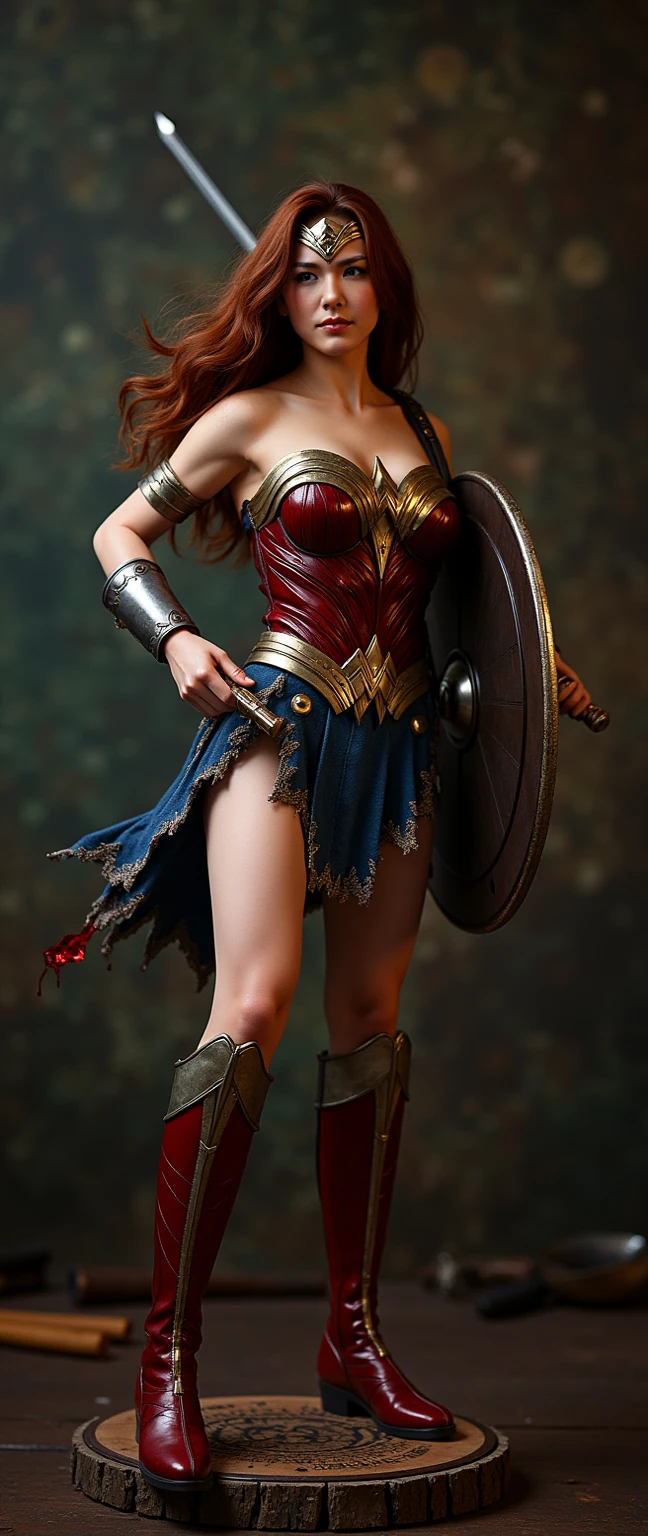((Full body photo, standing, feet on the ground)) a woman dressed as a warrior holding a sword, sexy painting of gal gadot, fishnet tights, tyler edlin fantasy art, fantasy woman, gal gadot as hell lord, zenescope, a very beautiful berserker woman, magali villeneuve', as seen on artgerm, very beautiful female barbarian, artgerm julie bell beeple, 4k fantasy art