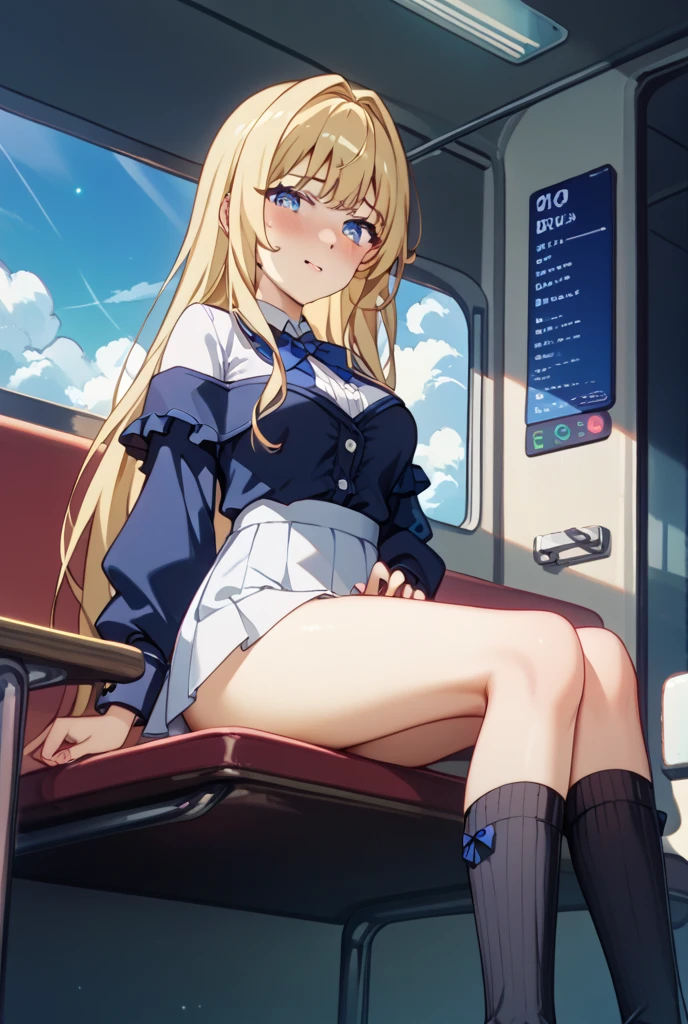 (((Sleeping with legs spread))、(((Shiny underwear)))、Highest quality, 8k, masterpiece :1.3)), whole body, Sharp focus :One Girl,Shiny skin, pose,Highest quality,Tabletop,shape,Very delicate and beautiful,Hmph,8k壁紙,wonderful,In detail,Official Art,Very detailedなティッカーUnity 8k壁紙,Incredibly ridiculous,Large file size,Very detailedな,High resolution,Very detailed,Beautiful detailed girl,Realistic,X-ray,The queue is full,(((Uniform Blazer、mini skirt)))、(((Big Breasts、Blonde)))、(((train、trainの椅子に座る)))、, ((Long golden hair、))、Sexye、Hairstyle: Long hair、Two hands、Kitagawa Marin