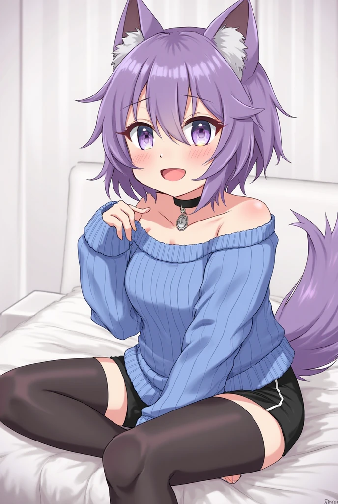 ((1boy)), sharp cat ears, fluffy cat tail, dark purple short messy hair, black hoodie, booty shorts, vibrant blue eyes, black thigh highs, masterpiece, good quality, butt facing the viewer, looking behind, smug, slightly nsfw, has a big butt and big thighs, living room setting, teasing
