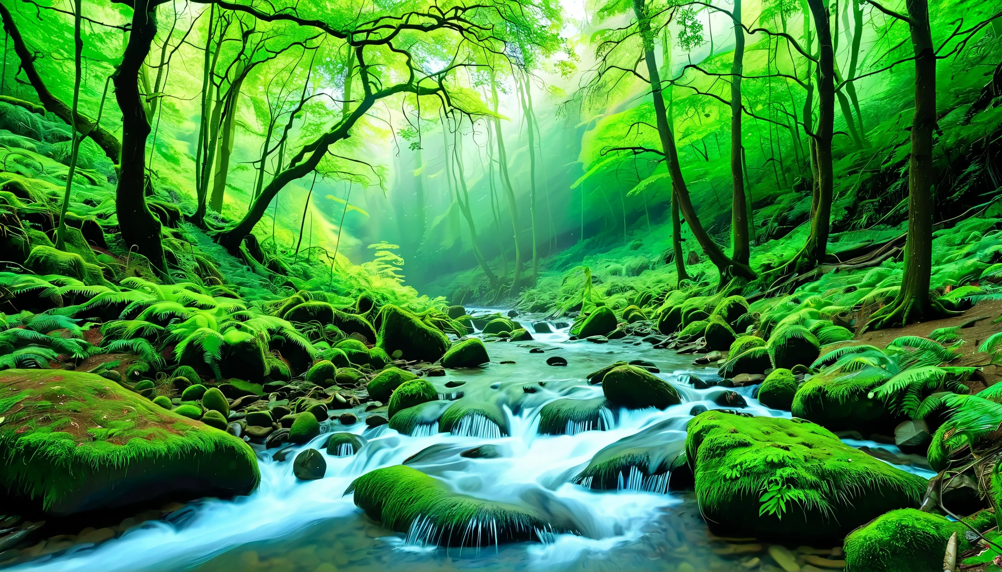 (Clear Stream in the Forest:1.5),(Multiple beautiful and mysterious waterfalls can be seen in the back:1.uper Realism:1.5),A beam of light is emitted from the waterfall, Mysterious Forest Lagoon, Magical forest background, Magical Environment , A bit of sunshine, A beautiful and mysterious, Mysterious Atmosphere, Amazing screensaver, Entrance to the spirit world, With a mysterious light, reflectionする光, 川にreflectionする太陽の光, portal to another world ,tyndall phenomenon,reflection, heart shape,(A stream with a large amount of water flows through the virgin forest:1.5),(Fog has a fantastic atmosphere:1.5),(a large amount of splashes can be seen:1.5),(beautiful emerald green river water:1.5),