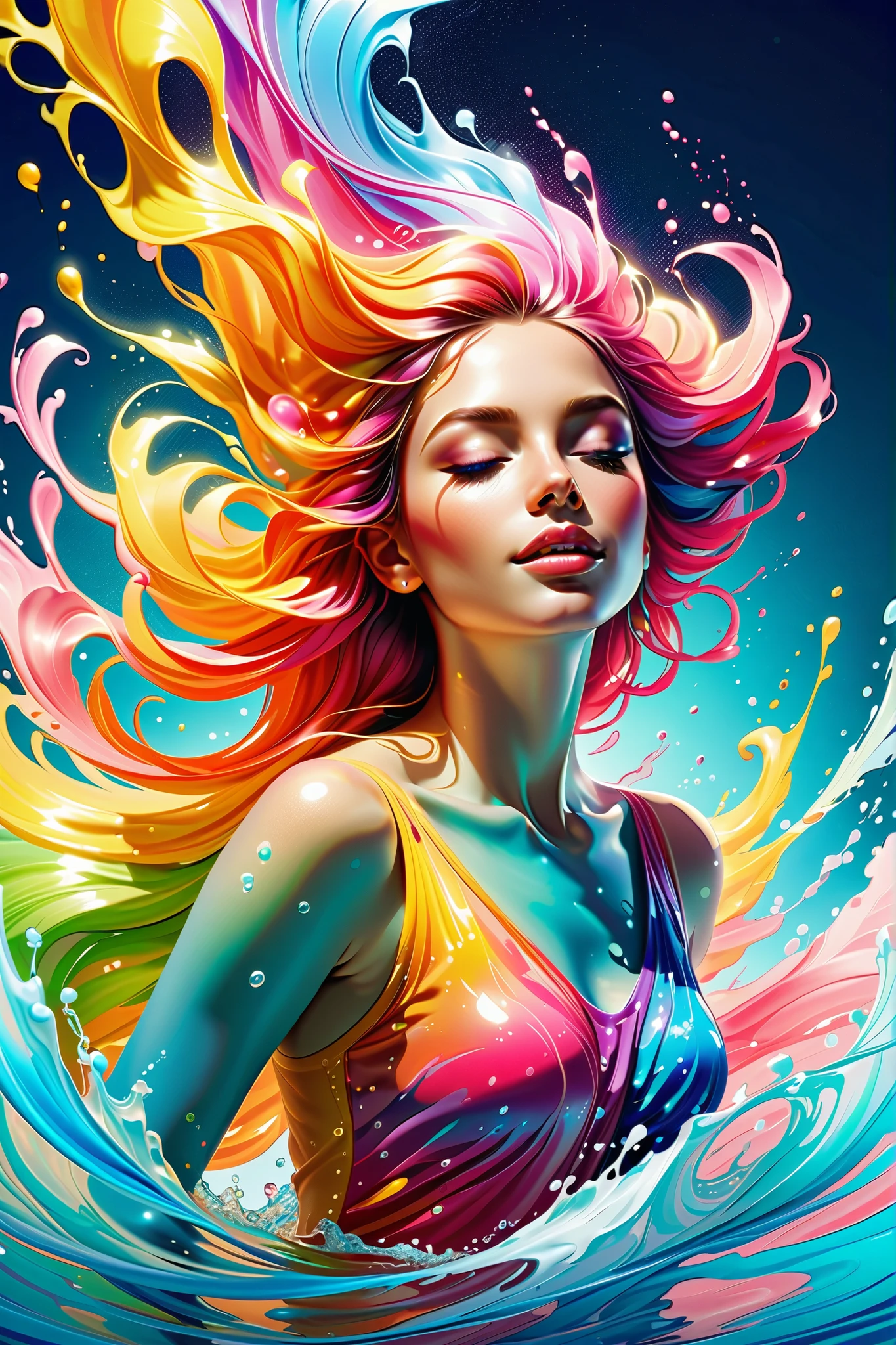 beautiful blonde woman, Liquid wax melts and drips on the body ,Rainbow Colors, Double tail, Bright Lights, Atmospheric lighting, Dreamy, magic, 