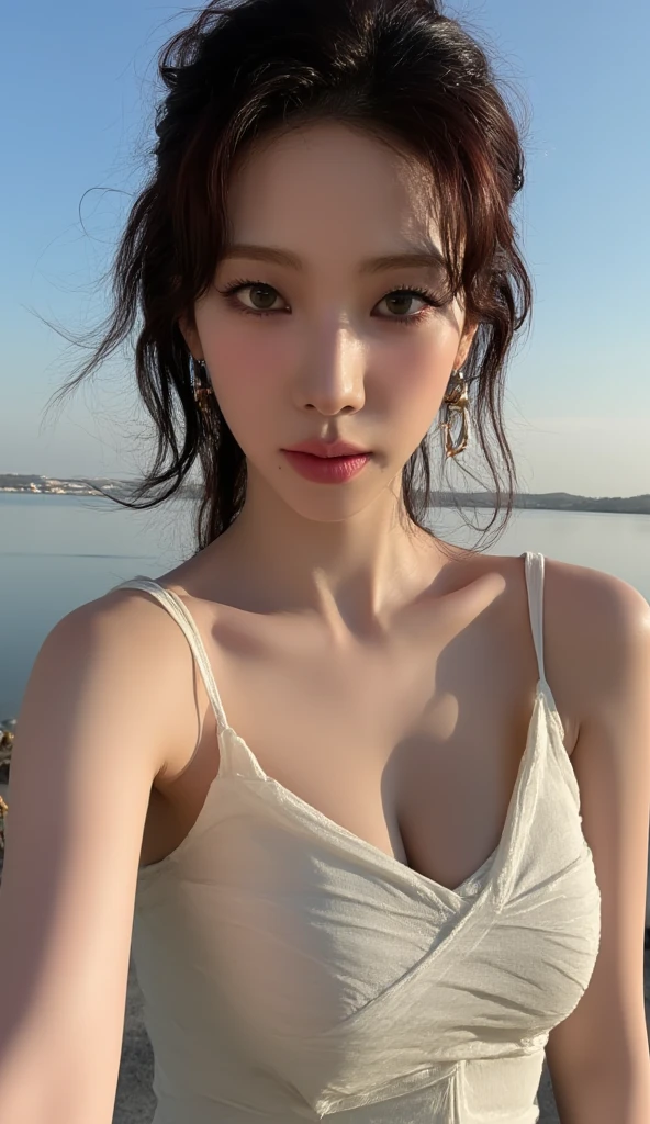 Realistic, High resolution, 1 female, Glowing Skin, alone, Wide lips,Colored contact lenses,Weight 40kg,Round face,Full Body Shot,Realistic skin texture,Genuine,Detailed face,Mr..々Pause,K-POPアイドル,Idol body type,Snow-white skin,Mature Woman,Swimwear,Mr.々なSwimwear,Seaside,beach,