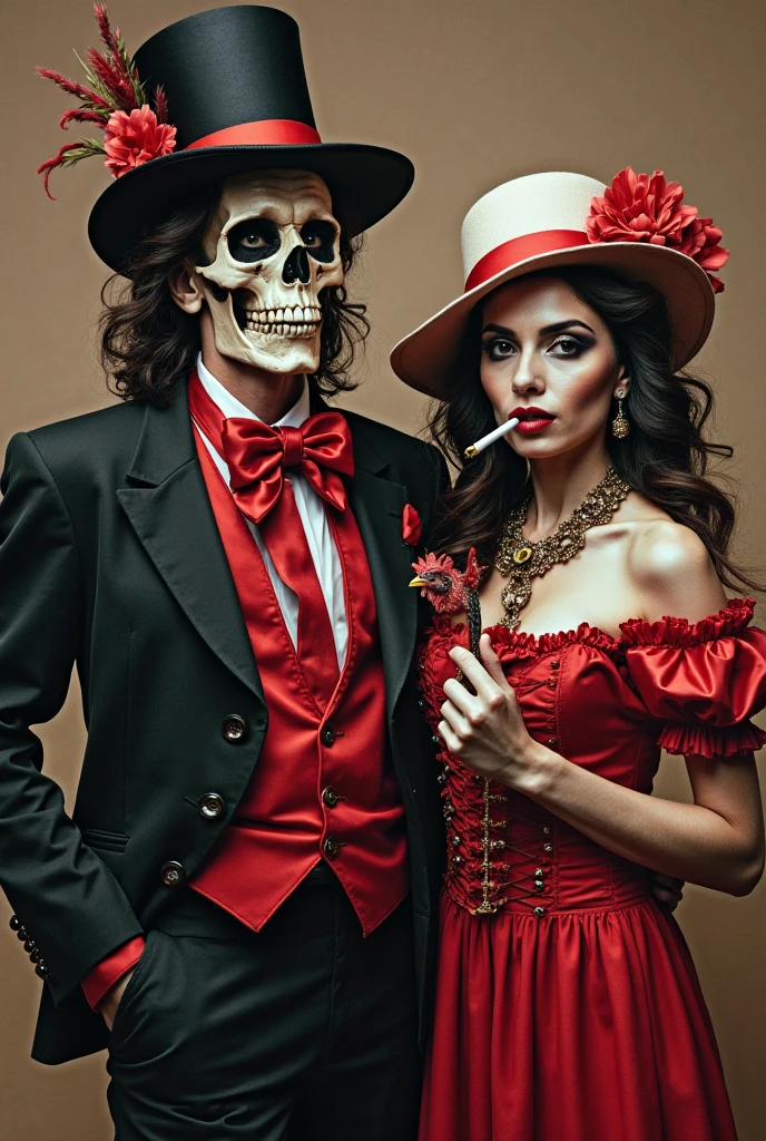 a woman with short curly hair, in a black and red gypsy outfit, kissing a man with a skull face who wears a black blazer and black top hat, black overcoat