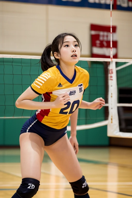 Best-quality, Masterpiece, Ultra-High-Resolution, (Photorealistic:1.4), Raw-Photo, Extremely-Details, Perfect-Anatomy, 1girl, 12-years-old, most popular Japanese idol, wearing stylish designed sleeveless volleyball uniform's shirt, extremely cute face like a most famous Japanese idol, extremely beautiful big black solid circle eyes, extremely beautiful short-cut-haired, detailed stylish designed sleeveless volleyball uniform, detailed cute face like a most famous Japanese idol, detailed beautiful big black solid circle eyes, detailed beautiful short-cut-haired