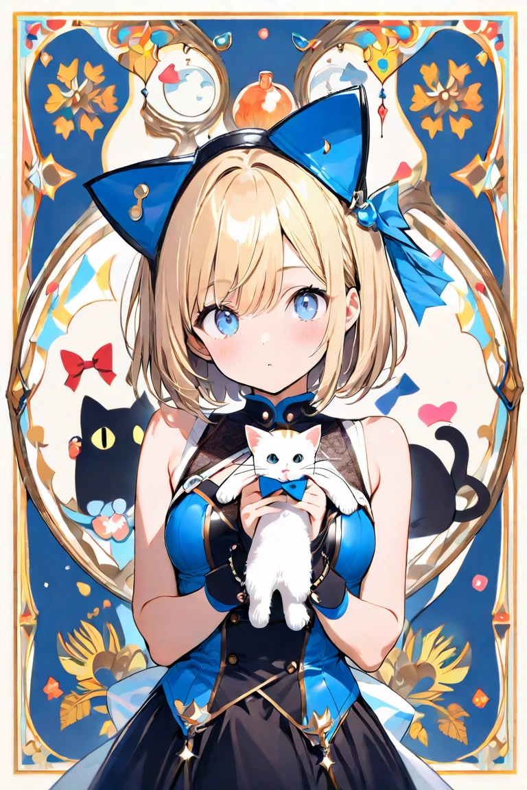 solo, One girl, Blushing, bangs, blue eyes, Blonde, Simple Background, Close your mouth, Purple eyes, ponytail, Cowboy Shot, Headband, Cat ear, Large Breasts, Anime Style,