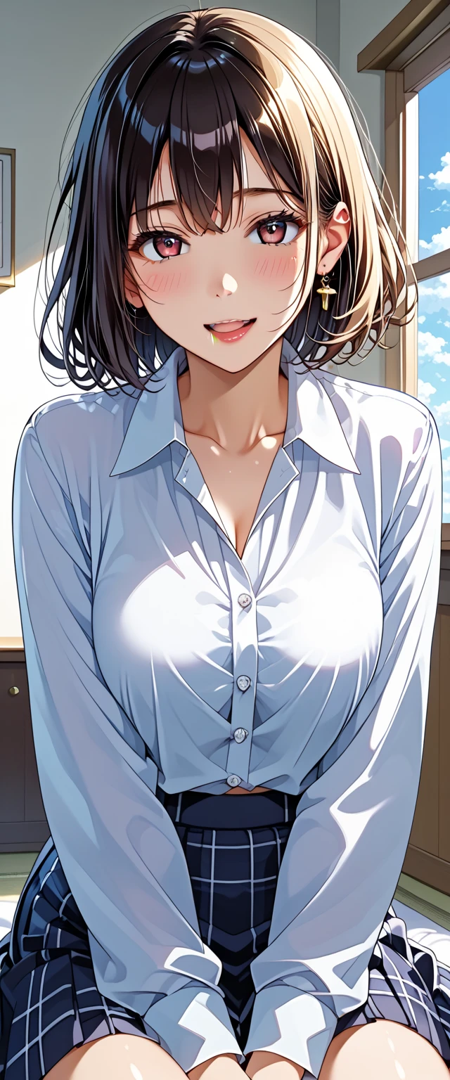(((One girl))), ((tanned skin:1.3)), blond hair, inwardly curled hair, ((sunglasses, hand to sunglasses)), open mouth, stick out tongue, ((one hand on hip)), ((bob cut:1.3, wavy hair)), Heavy makeup, breasts, (cowboy shot), standard body, (looking at viewer), collarbone, ((((school summer uniform, white unbuttoned shirt, skirt)))), (open collar), ((tie under the sweater vest)), ((black sweater)), teenager, head tilt:1.3, (((blue eye))), ((happy smile)), (((anime style))), (best quality, 4k, 8k, highres, masterpiece:1.2, ultra-detailed, ultra-detailed eyes, HDR, UHD, studio lighting, ultra-fine painting, sharp focus, physically-based rendering, extreme detail description, professional, vivid colors, bokeh), ((Highest quality, Best image quality, Ultra-high resolution, Ultra-high resolution, solo, Strong eye highlights)), Depth of written boundary, Natural soft light, attractive, Beautiful Face, Cleanliness, Pure Face, nedium chest, Beautiful Face, Perfect Fingers, Perfect hands, Perfect body, Perfect Face, Shine a light into your eyes, Perfect Anatomy