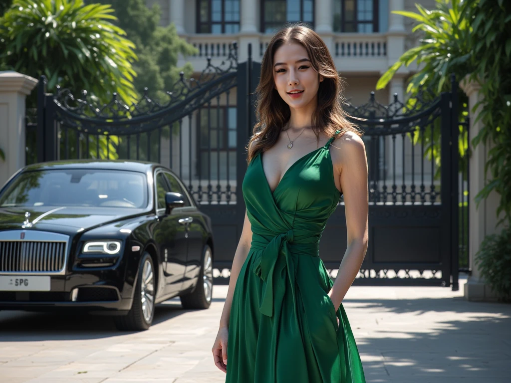 a woman in a green dress standing in front of a car, tight dress, green dress, beautiful lady, skintight dress, sexy dress, luxury dress, full body green dress, beautiful woman, Amazing beauty, Portrait Sophie Mudd, light green dress, green dress with a black hood, Style of Julia Razumova, young woman, body-hugging dress