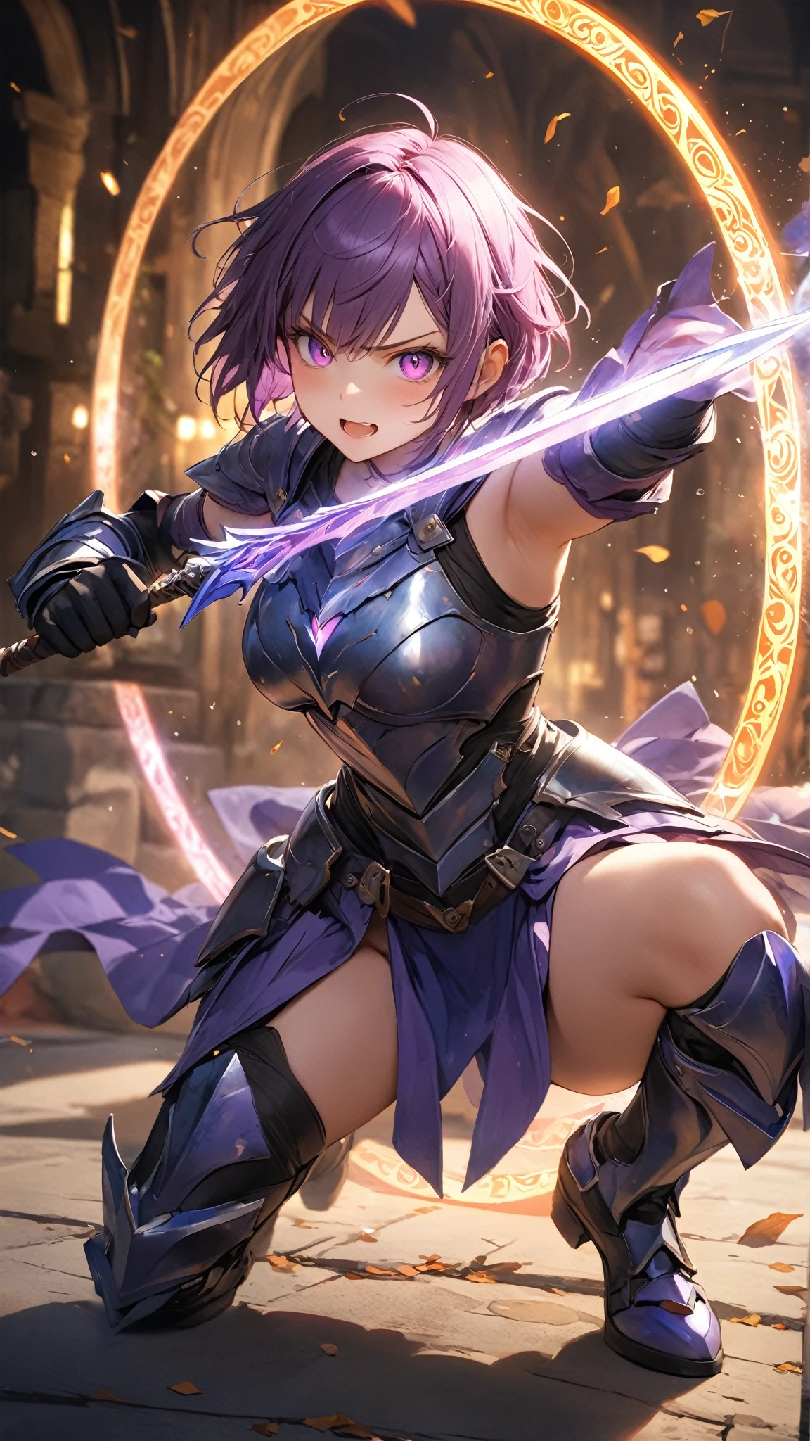 Mash Kyrielight fate grand order, blakc power suit and sleeve, gauntlet, bare shoulder, bare legs, holding cross design giant shield, perfect body shape, soldier aura, serious effect, pink short hair, dark purple pupil, masterpieces, fantasy world, hyper resolution, 16k wallpaper quality, ultra lighting
