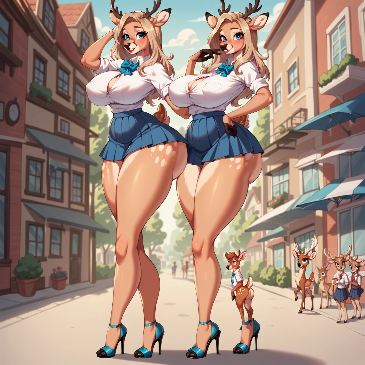 by darkgem, by meesh, by gideon, by BNG, (identical twins:1.3), two girls, hugging, curvy, arctic fox, white fur, female, athletic figure, furry body, hyper hips, thick thighs, big arms, accurate hands, (large breasts:1.1), heavy breasts, nipple outline, blue eyes, detailed eyes, blonde hair, long hair,young, teen, cleavage, large areolae, micro bikini, Masterpiece, best quality, absurd res, highly detailed, cleanly drawn eyes, anthro only, (detailed background:1.2), (detailed figures in background:1.2), boardwalk, los angeles, summer, bright day, standing upright, bare paws, digitigrade,