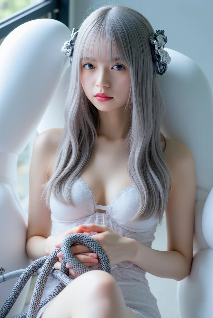 (((1girl in)))、Beautiful fece、cute little、Beautiful fece、(((smile、Looking at the camera)))、(((D-Cup bust、cleavage of the breast)))、styles、A sexy、elegent、enticing、A sexy、Beautiful and well-groomed face、beautidful eyes、beautiful hairl、slick skin、Beautiful mouth、smooth legs、Balanced body、Silver Separate Costume、Glossy skin、Chest、A sexy、girl with、realisitic,Pornoco、Photorealsitic、solo、alone