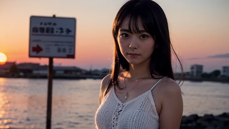 (dramatic lighting:1.2), 1girl, solo, looking at viewer, <lora:LucyV1:0.9>, long hair, horns, red eyes, pink hair, closed mouth, arms behind back, standing, upper-body, ocean, sunset, backlighting,