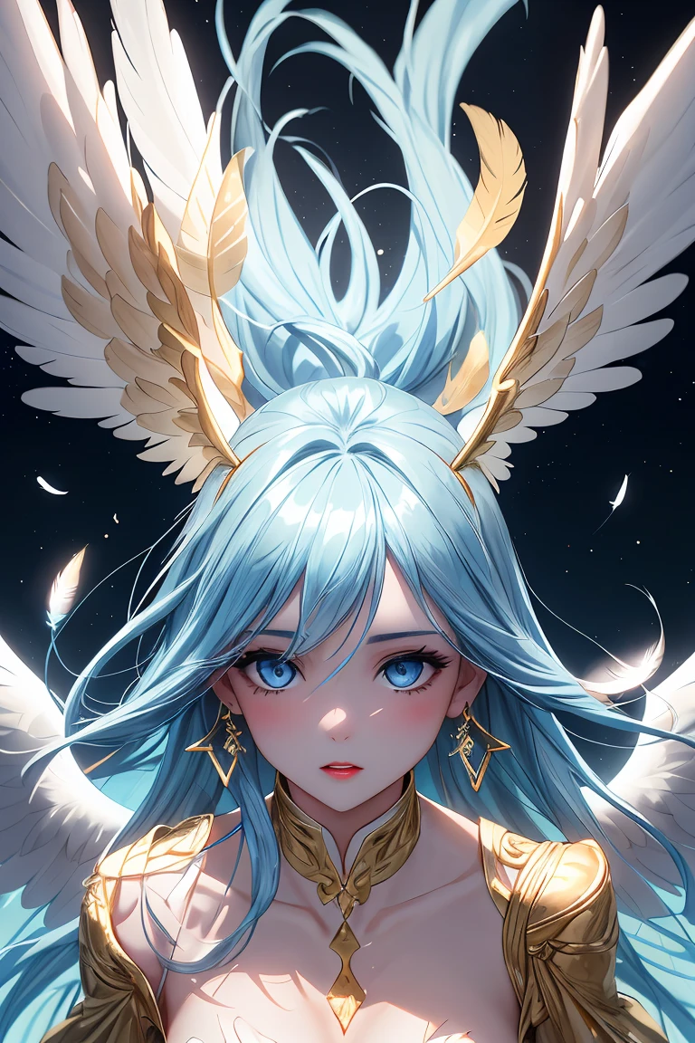 ((Mejor calidad)), ((obra maestra)), (detallado), cara perfecta
(Physical appearance) white hair with light blue sparkles, long, with waves at the ends, hair accessory)angel crown,(eyes)light blue color with sparkles, large, long eyelashes,average height, svelte complexion, pink bench skin tone,(Dress style)fantastic angelic, white and gold tones, with gold and shiny jewelry,(Personality)mysterious, (Special element or theme) purification, HD, 8K, Anime