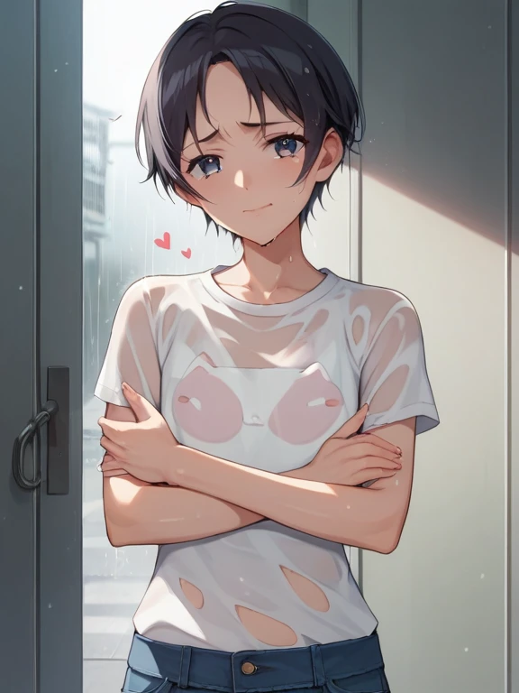 Browsing Caution、Highest quality、Mikoto、Slender figure、Sexy pose、((Soaking wet))、Ecstasy face、((Tabletop)), (1 Girl:2.0), (Highly detailed face, smile), short hair, Brown Hair , (Thin body type), (Japanese Girls), ((White T-shirt、Shorts)), Sunburned skin,cute, Big eyes、Nipples、((Pussy))、(((Love Juice)))、(((Sweat)))、(((Sweat臭い)))、(((Sweat染み)))、(((Body odor)))、(Yellowing)、((Wet hair))
