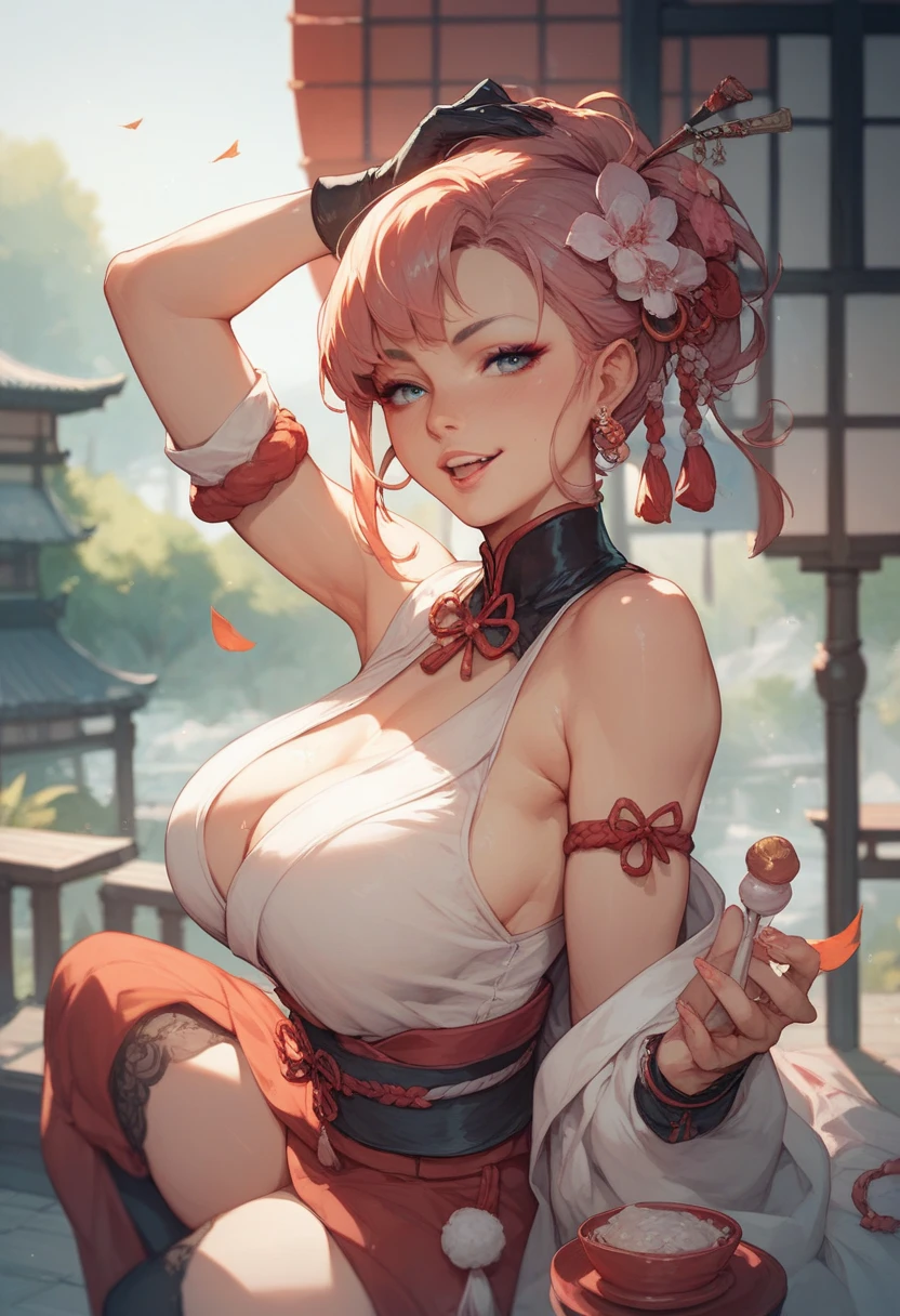 ((masterpiece)),(bestquality),((ultra-detailed)), (beautiful detailed face), depth of field,detailed,((beautiful detailed eyes)), (fantasy art:1.5), ((yaemikodef)), cowboy shot, (armpits pose:1.8), body goals, perfect body, official art, gigantic breast, cute, smile,