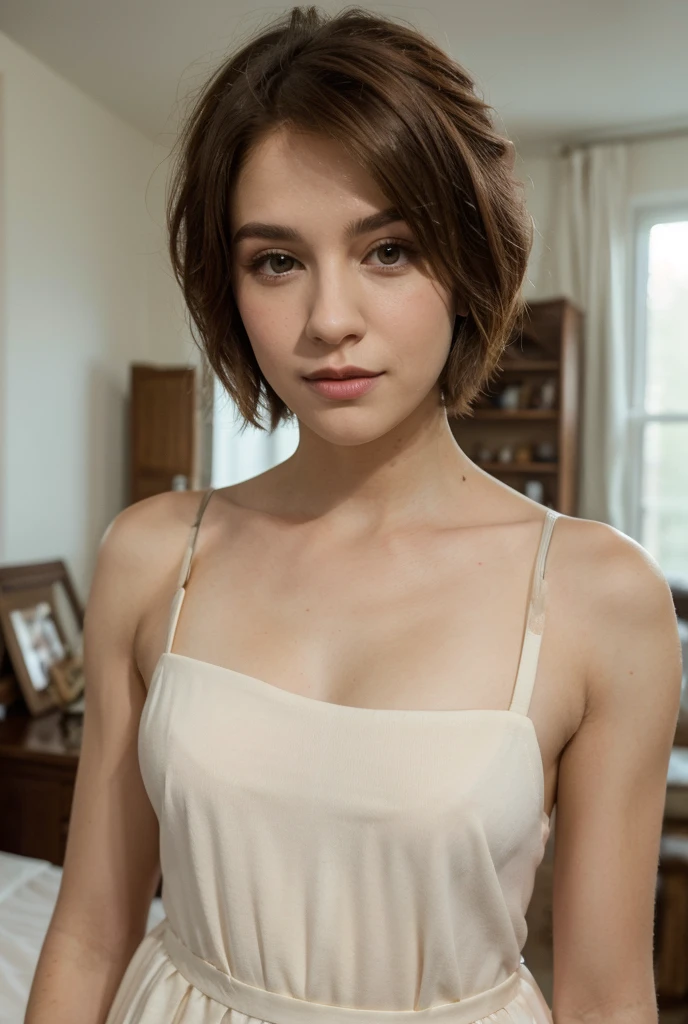 (ultra detailed, hyperrealistic, best quality:1.4), androgynous, an 18 yo. boy with loose thick fluffy hair, bedhead, hair covering one eye, small smile, loose cropped tshirt, midriff, flat chest, (longneck:1.5), soft lighting