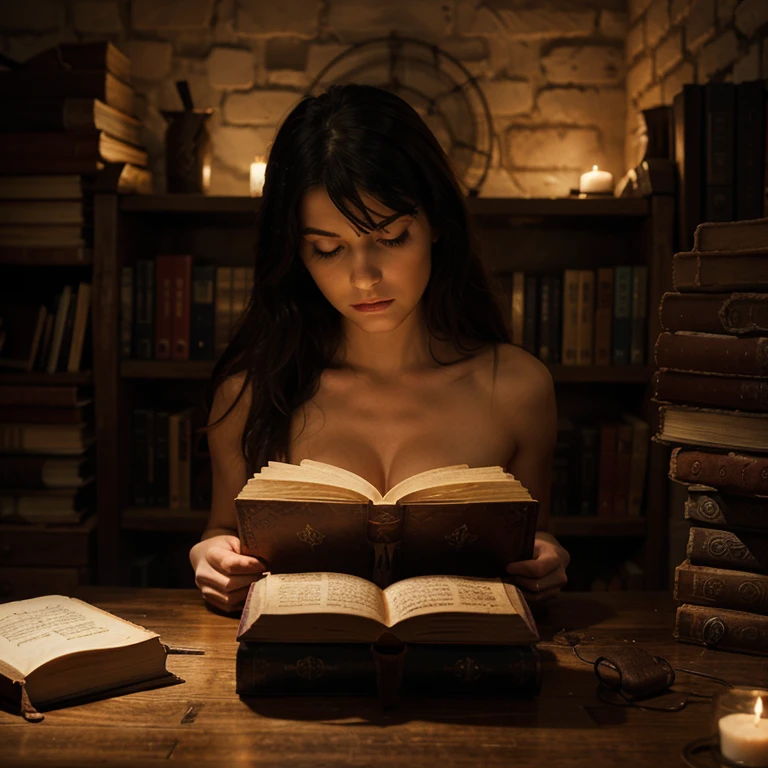 Massive giant breasted mage grinding on desk in frustration in old dusty library nude, robes thrown on ground, lit by candle light