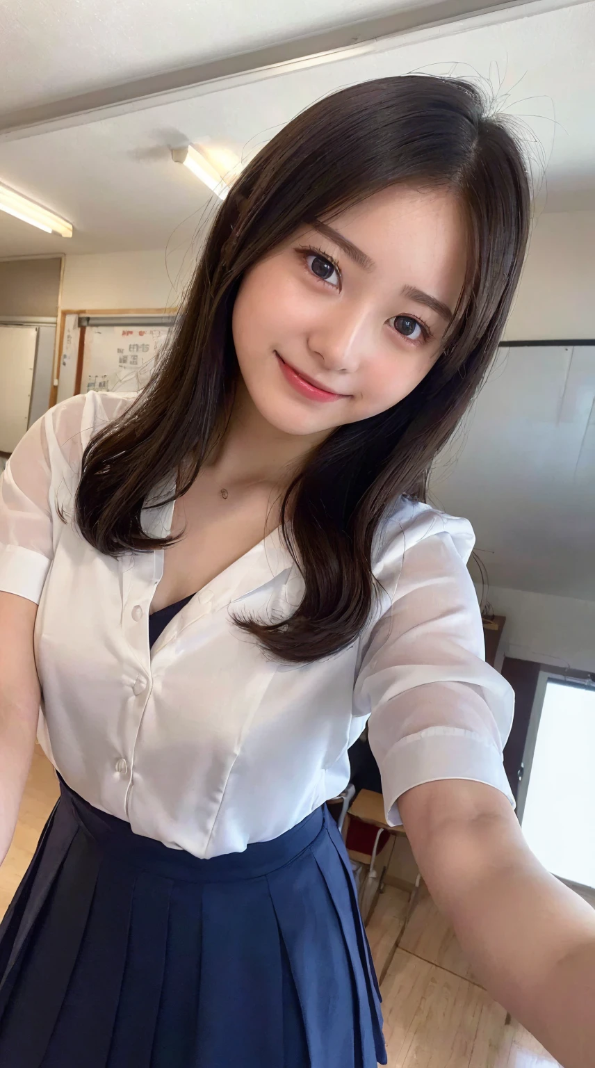(8k), (highest quality: 1.2), (Realistic), (Realistic: 1.37), Ultra-high resolution, 1 girl, cute, smile, Mouth closed, Beautiful details, Beautiful Nose, whole body, Wet Hair, Giant Dulcefo, pork, , Thighs，Selfie,,White shirt,Navy Pleated Skirt,Black tights