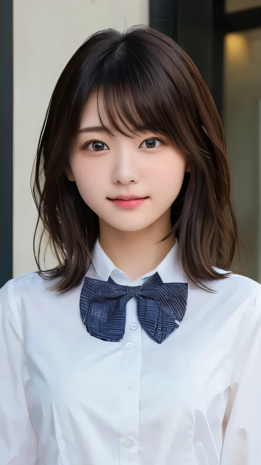  Best Quality , ( beautiful)、20 year old women、 young and cute girl、、 medium hair、黒髪、brown eyes 、small breasts、medium breasts、white business shirt、 bow tie、upper body、Soft 、schools、