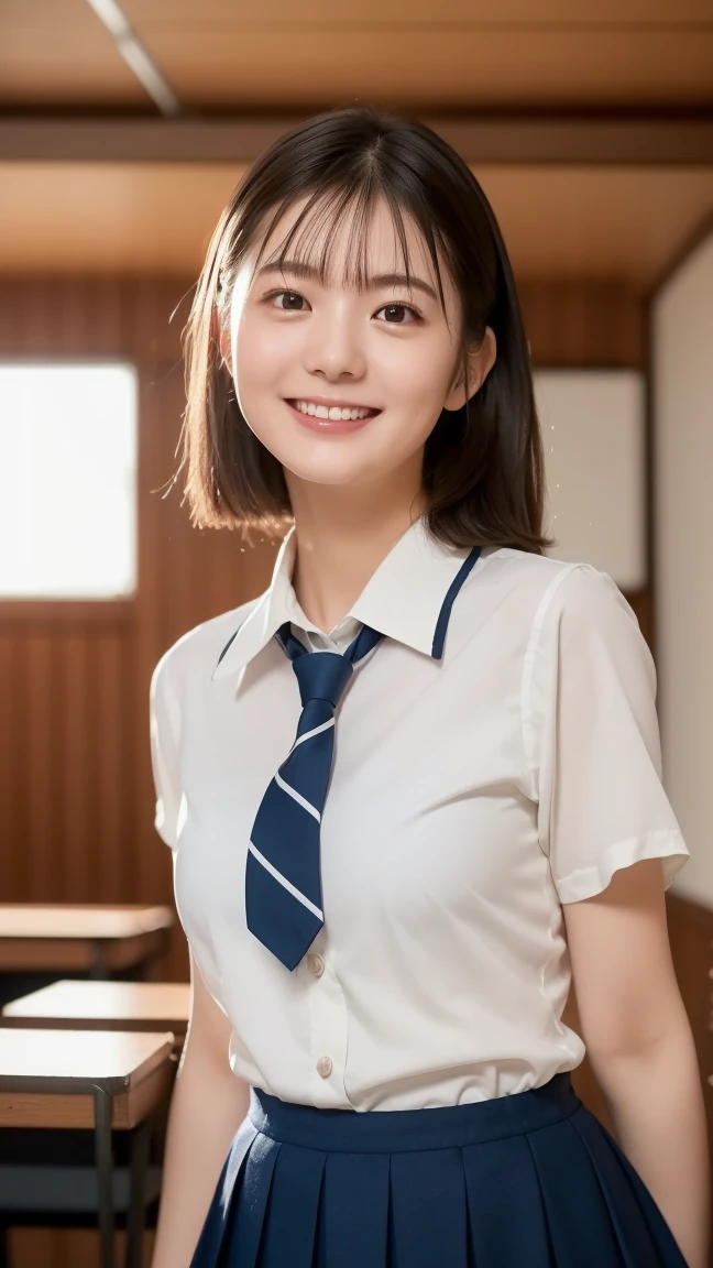 Top image quality、超A high resolution、masutepiece、Photoquality(photographrealistic:1.8)、pores、accuracy、Japan women、17 age、Girl Smile、A dark-haired、Cute dimples、Non-makeup、Medium Hair、Boyish girl、Slender girl、Smaller chest、Flat-breasted、laugh face、Have a good laugh、Look straight at me、hi-school girl、White short sleeve blouse、White shirt with collar、student clothes、Thin Blue Ribbon Tie、gingham checked skirt、Open your hands、By the window of the classroom、laugh face、Have a good laugh、Facing the front、Midsummer Sun、Hot summer days、Sweaty skin、reflective light、