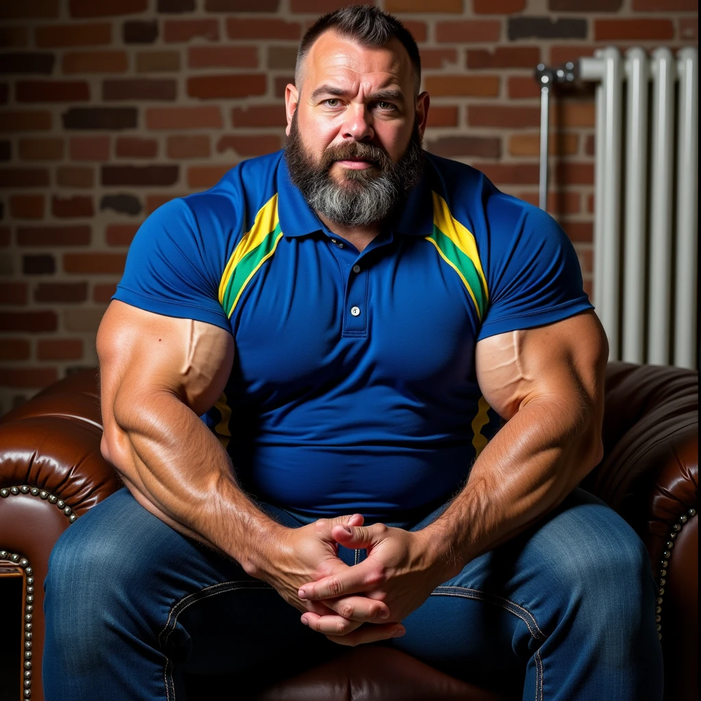 A portrait full body fotograph A tractive mid age heavy trucker-driver, calvo fuerte, Muscular, culturista peludo con gran barriga, showing very hairy groin area, realistic epic, foto, despondent, colores neutros, ((((HDR)))), Colores apagados, escena intrincada, art station, detalles intrincados, dibujos animados