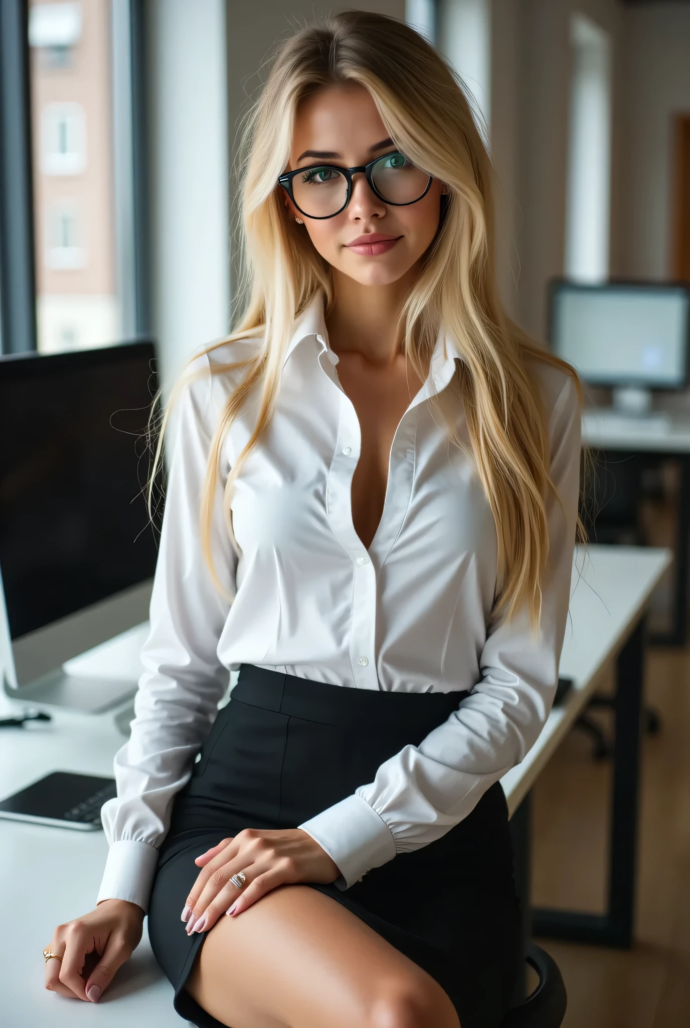 sexy woman in open white blouse and black pencil skirt, glasses slightly down, sitting on office desk, one leg up, seductive look, realistic lighting, photorealistic, 4K, warm color tone, modern office background