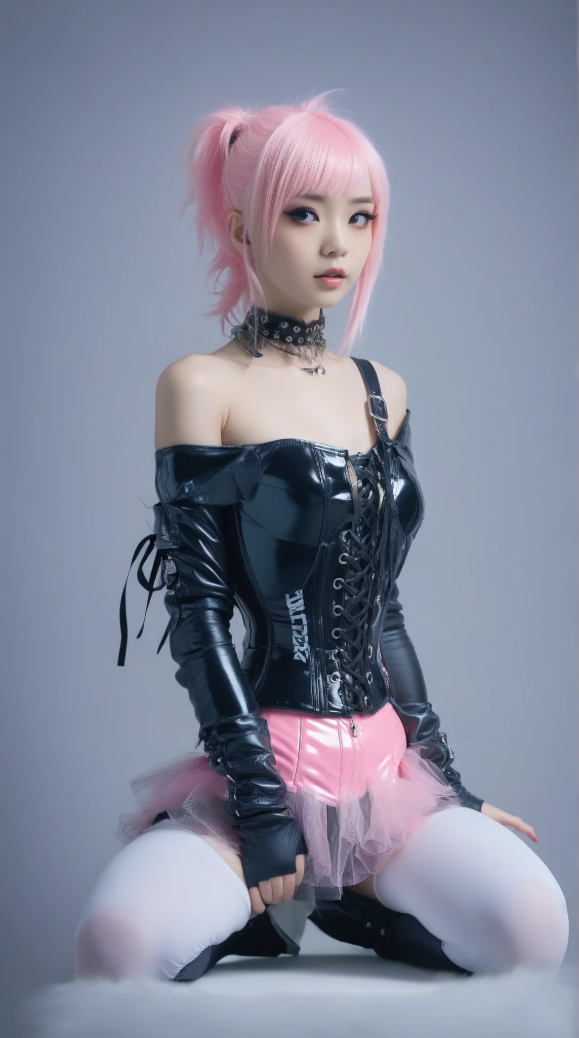 sexy stylish Swedish model, only 1 female, ((doll-like appearance)), very short neon pink stylish hair, ((shiny Punk-Style boots)), (happy smile), ultra detailed eyes, long lashes, metallic makeup, lip-gloss, ((sexy Punk ta cosplay)), unconventional skirt, petticoats, high neckline, ((ultra detailed lace)), ((ultra detailed embroidery)), intricate details, tartan patterns, (silver chains), (silver spikes), Punk Loliccessoires, Punk Lolita cr, ((large sparkling Punk Lolita jewel, cinematic light, detailed large park background with trees