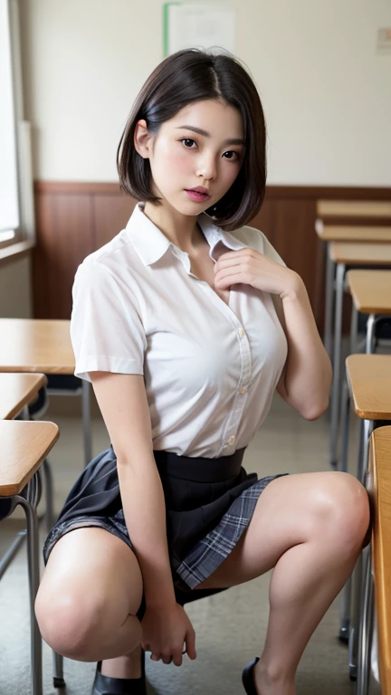 (8k, Photorealistic, Raw photo, Highest quality: 1.4),Japanese idol-style beautiful girl,1 person,17 years old,Hairstyle(Short Bob,Black),She has her hair tucked behind her ears,Large, clear grey eyes,Long eyelashes,Plump Cheeks,Thin and delicate shoulders,Cute Bra,thin abdomen,Open shirt(Unbutton the front and open it all the way..4,Hemming out),Pleated skirt,School classroom,(Sitting with both feet on the desk),Full body portrait
