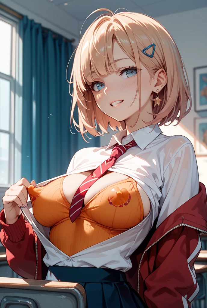 (bob hair, listen, beige hair)、(((white blouse,navy blazer、 I can see your underboob、red ribbon tie、Navy pleated mini skirt)),beautiful abs,double、long eyelashes 、(classroom)、 (highest quality,High resolution, realistic, High resolution, 1 Girl NSFW) ,slender body,vaginal sex,missionary,violent movement, spread your legs,slanted eyes,Sweat,saliva,,big breasts,cum in pussy,(A girl trembling at sexual climax),(((heart-shaped pupil)))、Ahegao,open your big mouth、stick out tongue、Sweating、back bridge、swaying chest、Watery eye