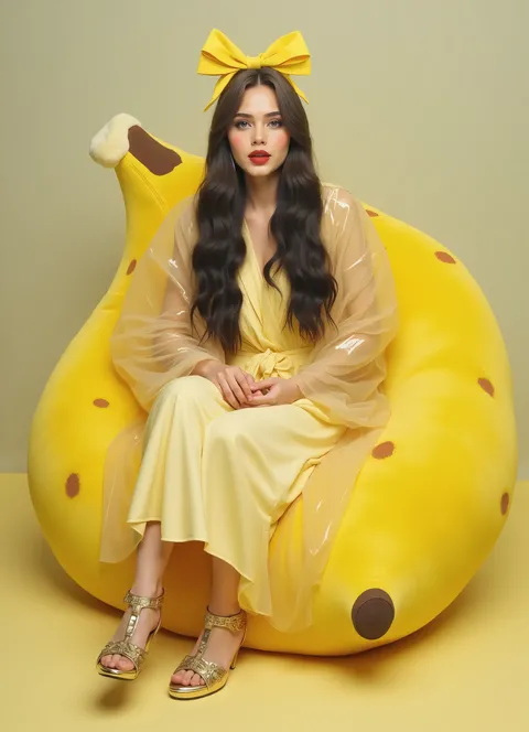 Design a fruit sofa，The model sits on it