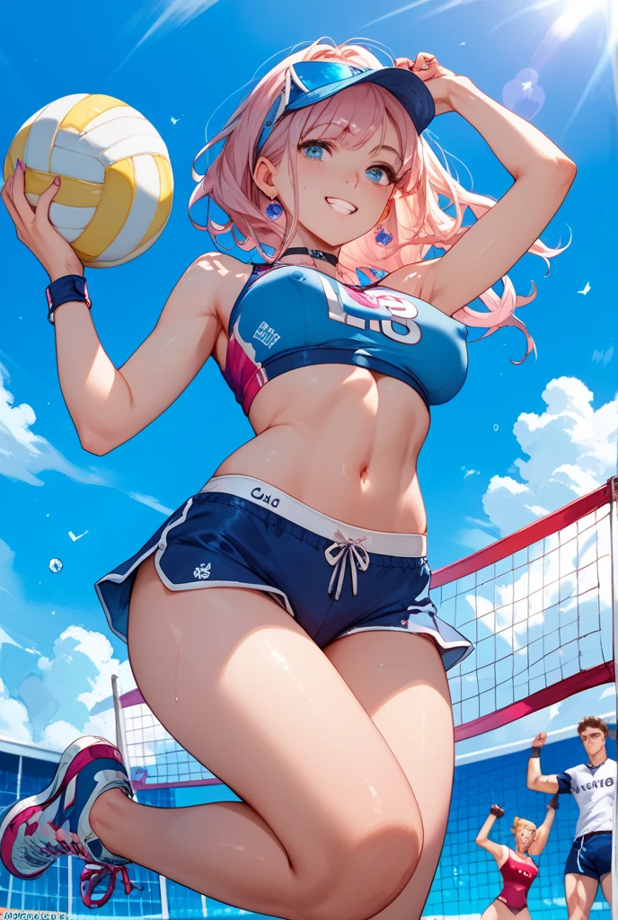 （Sweat, White skin:1.5、Light gray sports bra, ）, cameltoe, Fitness, , ((Beach volleyball swimsuit)),Big Breasts, Sturdy body、lie down, ((Big Eyes in Anime))
