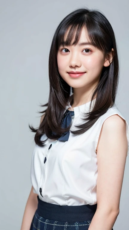 (Highest quality, masterpiece:1.2), Highest quality, Realistic, photograph, High resolution, 1080P, 8k, Physical Rendering, ((height: 155cm、Slim and slender style、medium firm chest)), ((((((A beautiful fashion model featured in a Japanese fashion magazine、Look directly at the viewer)))))), (((big, Very fine, Beautiful dark brown eyes))), ((((Everyone loves me、They are Laughter at me.!)))), Detailed fingers, (((length, Curled bangs))), ((((Very noble and cute eyes, Every detail is carefully drawn)))), ((two重まぶた)), (((length eyelashes))), ((cute、Adorable、Adorable、Laughter、Laughter頬)), ((Pure white light hits my nose and cheeks. Her eyes and the white skin of her face are beautifully white........)), (((((Her face is very expressive、With a noble smile。, so sweet, very smart))))), ((((A striking plain navy large school ribbon bow tie)))), ((((Beautiful long black hair blowing in the strong wind、Fluttering Hair)))), (((((((She rolled up her formal long pleated skirt, Blue and navy tartan check, ))))))), ((((The size is a bit small、When she lifts up her white sleeveless shirt with a gold emblem, she shows off her beautiful small breasts.、Full upper body nude)))), ((As elegant as a noble princess)), ((From before, Create a striking image showing off your breasts..))(((((( fully nude high school girl)))))、Tight waist((((((two))))))、((((((2Full nude high school girls)))))、Shortcut Straight Hair