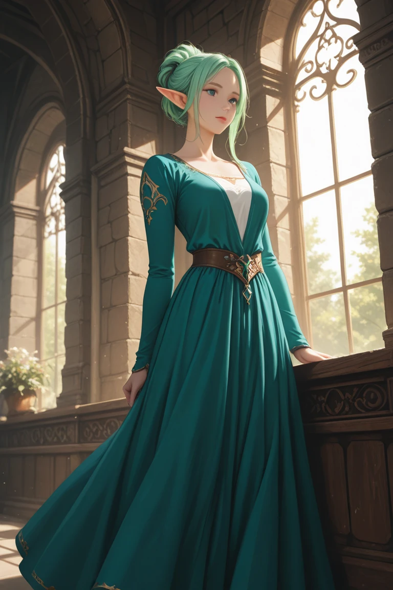 Uma mulher de olhos verdes, cabelo rosa. She's standing looking at the horizon. It's in a glamorous dark blue dress. Medieval setting, magia, realista, alta resolução. Fanciful and magical scenery. qualidade perfeita. Paisagem fantasiosa