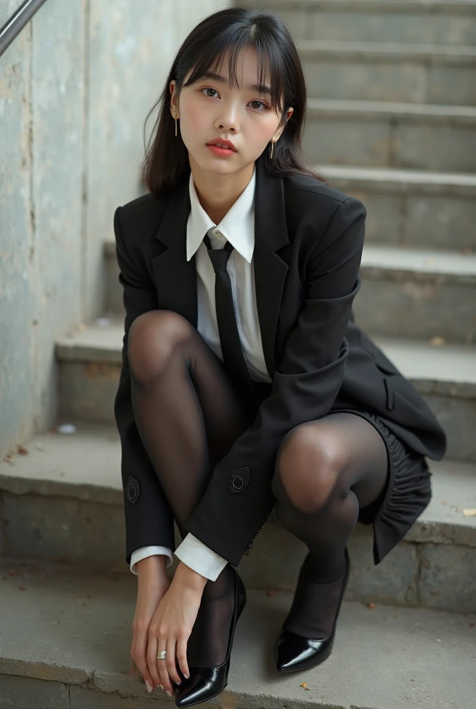 14 year old filipino girl taking photos in uniform, taken with canon eos r 6 camera, university background. Elegant black suit and skirt. The girl wears a black suit, a white shirt and a black skirt, she wears long black leather lace-up shoes. She emphasizes the classic style. The images are of the highest quality (best quality, 8K resolution, high resolution, nffsw:1.2). It provides extremely detailed and photorealistic visual effects. This scene features special effects reminiscent of the TV legal series "Suits", creating a dynamic and lively atmosphere. Around the girl are various symbols and elements that represent elegance, wealth and classic style Lighting: Highlight the unique, uniformly created to bring out the vibrant colors of the artwork. Composition: Capture the enthusiasm and creativity of a girl posing for the perfect photo on a modern street near a city park.