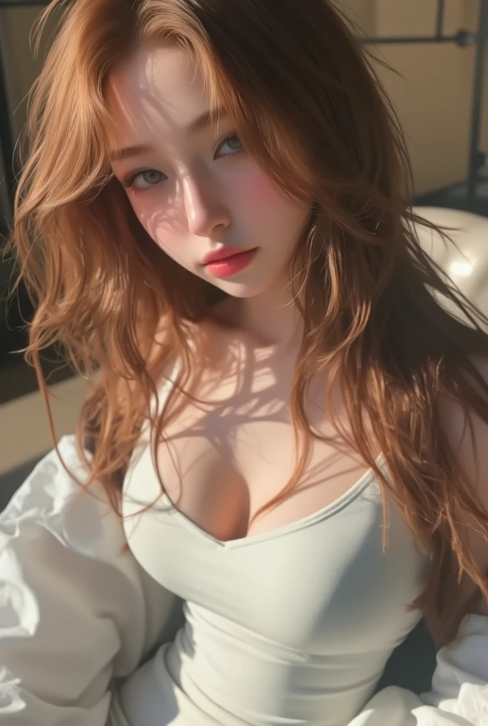 young girl, kim chaewon as a sexy young girl, full body view, fullbody, full body, kim chaewon is a girl, 1girl, forest background, kim chaewon, girl, small breast, figure, long red hair, red eyes, face front, tight brown fantasy top, tight fantasy clothes, brown fantasy clothes reveal nudity, emotional face, make up, masterpiece, best quality,