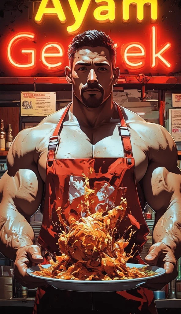 Best quality, realistic, award-winning illustration, (complicated detail: 1.2), (fine detail), (complicated detail), (cinematic lights, best quality), sharp lines, sharp focus, official art, 16k, on a white background, (A man with a smiling face: 1.3), a playful young boss, there is a man with a bald head and beard, (bald short-beard: 1.3), bald head and smiling look, with beard and mustache, about 45 years, (42 years), men of 45 years, without completely bald hair, (short goatee: 1.3), (face with fine details of wrinkles: 1.2), (details of the aged face: 1.2), (without beard: 1.3), pronounced male characteristic, flirting with the camera. wearing black apron uniform with red, wearing cap, black cap and red details, wearing jockstrap, man posing for a photo, holding a huge can of creamy sweet milk oozing on huge, dulce de leche pouring, dulce de leche splash, sweet milk explosion, all-white background, headshot profile picture, posing for a photo.