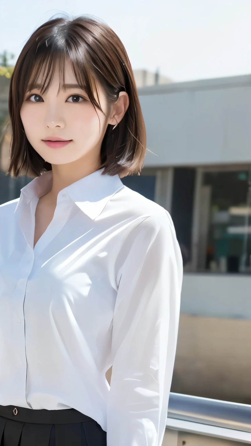 Best Quality , ( beautiful)、20 year old women、 young and cute girl、、 medium hair、黒髪、brown eyes 、カメラ目線、、、white business shirt、女子高制服 、背景は部屋の中、upper body、 、