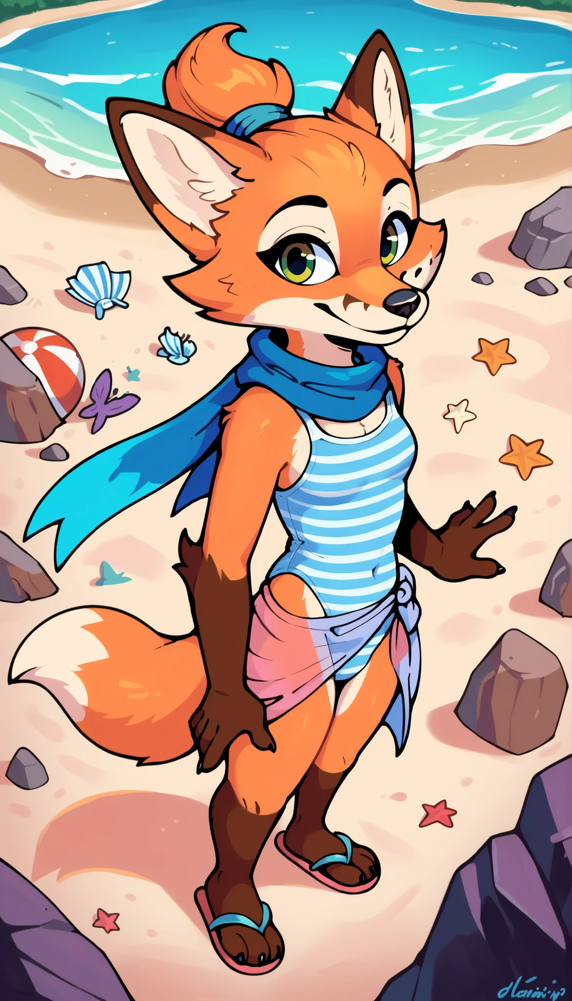 score_9, score_8_up, score_7_up, score_6_up, high detail, 4k, high resolution,
Detailed background, beach, dynamic angle,
(Fleet, fleetFox, anthro fox, cute), solo, small breasts, striped one-piece swimsuit, blue scarf, single hair bun, pink sarong, flip flops, standing, looking at you,