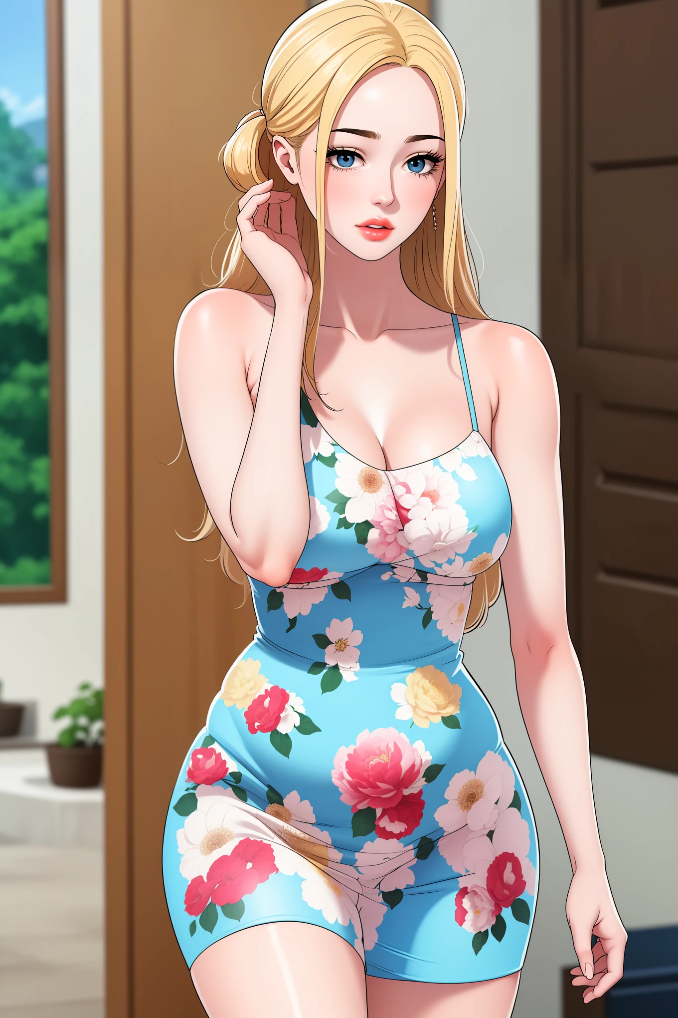 An extremely beautiful girl with big hazel-blue eyes, gold-blonde long hair, extremely white fair lush skin, light-red plump lips, slim thin body, small cinched waist, proportionate round hips, and small breasts. She's only wearing a short mini tight blue floral dress with spaghetti straps and brown sandals. She's standing and has a plain expression. Show her full body and super hyper-detailed.